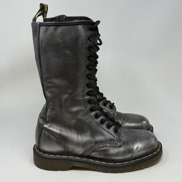 Dr Doc Martens 10183 Combat Boots Womens 7 Silver 14 Eyelet Zip Lace Up Goth - Picture 1 of 15